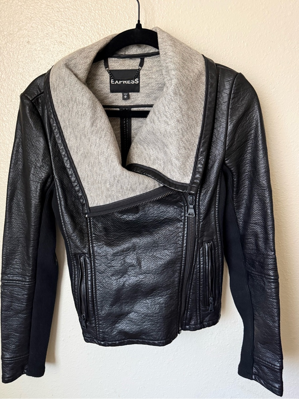 Express Black Faux Leather Jacket with Gray Shawl Collar